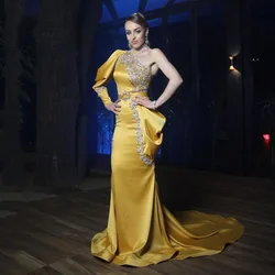 SoDigne Gold Satin Evening Dresses One Shoulder Long Sleeve Lace Appliques Arabic Mermaid Prom Gowns Formal Party Dress