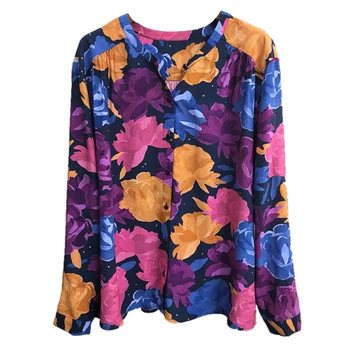 

Women Shirt 2019 New Retro Peony Print Fashion Wild Slim Shirt