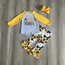 Осенне-зимняя детская одежда для маленьких девочек, горчичного, темно-синего цвета, летняя хлопковая одежда с цветочным принтом «Miss thankful» комплект со штанами с оборками, Изысканная одежда с бантом