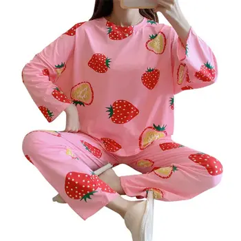 

Female Home Wear Sets Long-sleeve Pullover Top and Pants Nightwear Suit Cotton Autumn Sleepwear Set
