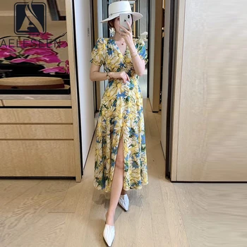 

AELESEEN Summer Beach Dress Women Runway Fashion Lantern Sleeve WaistElasti Flower Print Splited Long Maxi Party Holiday Dress