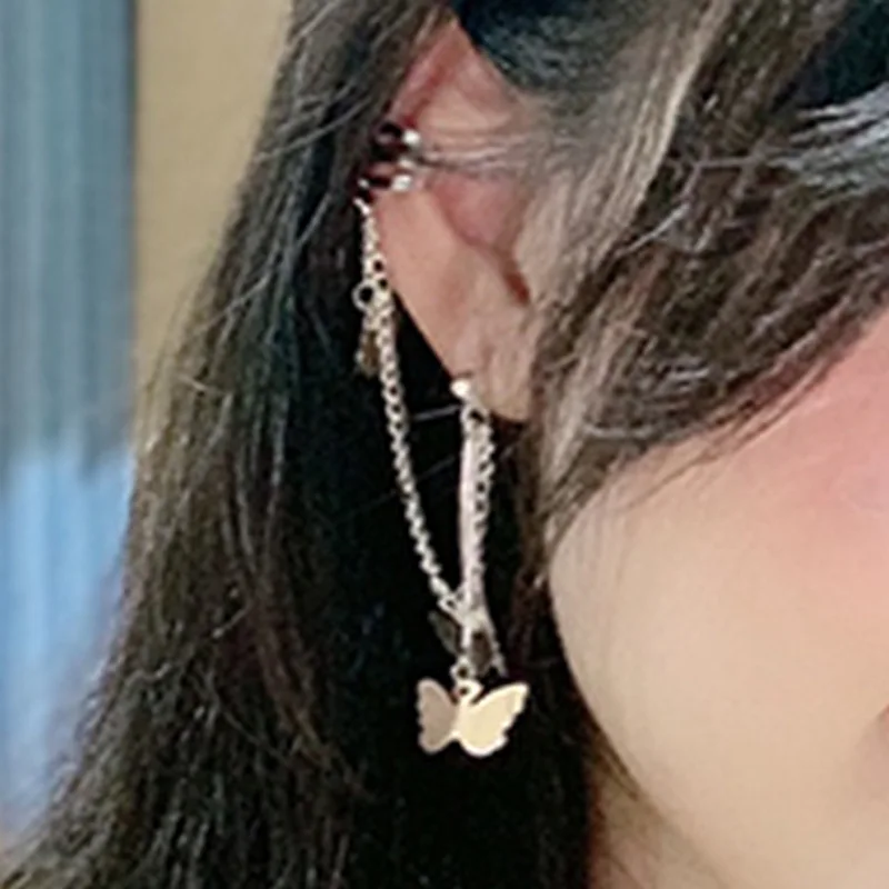 Korean Handmade Butterfly Net Red Tassel Crystal Ear Pin Chain Double Temperament Earrings Ear Bone Nail Ear Clip Hot Sale - Image 3