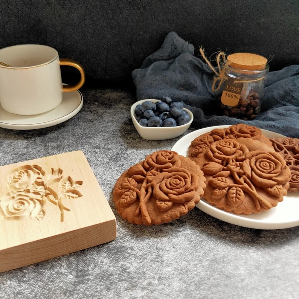 Wooden Cookie Cutter Press 3D Cake Embossing Mold Baking Tool Rose