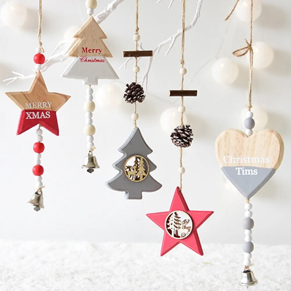 

Creative Hollow Christmas Tree Elk Pine Cone Pendant Wooden Craft Pentagam Decoration Charm Xmas Hanging Ornament