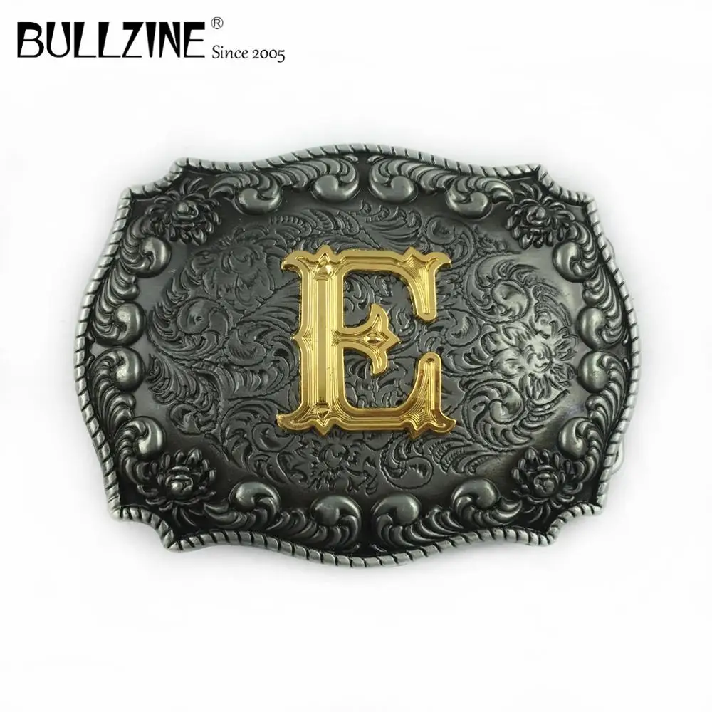 The Bullzine letter E belt buckle with pewter and gold finish FP 03687
