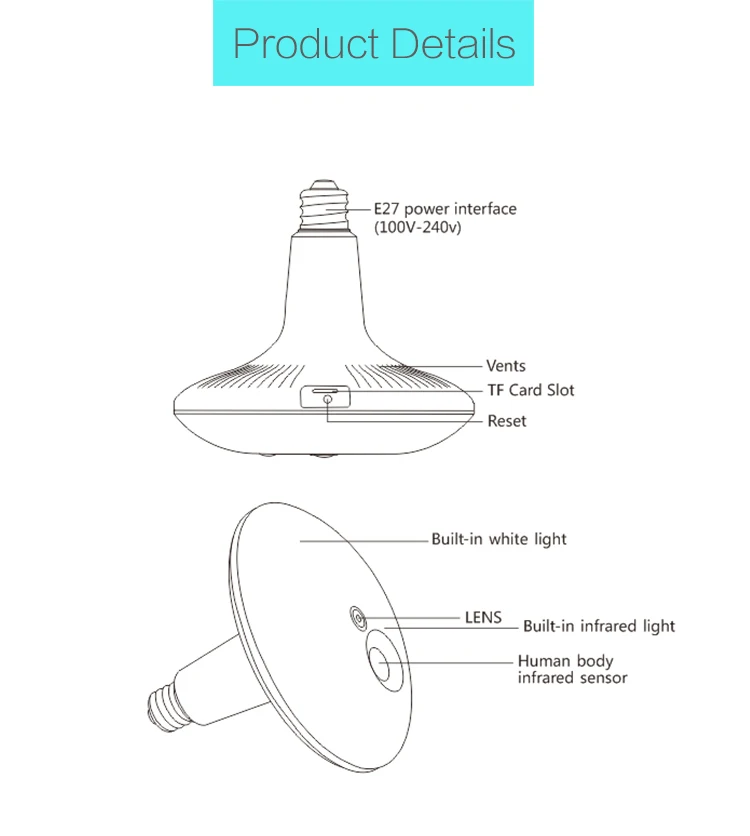 1.3MP 3.0MP Panoramic Wifi Camera 360 Degree Mini Small Size 3D Vision Home Security Smart Bulb Wifi IP Camera 10 Meters IR 11