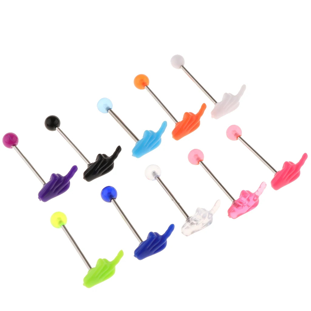 10Pcs 14g Tongue Barbell Labret Ring Ear Tragus Stud Earrings Piercing Jewelry - Middle Finger