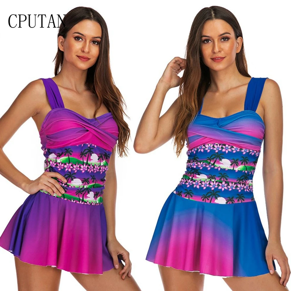 

2019 New Plus Size Tankini set Women Swimwear Two Piece Gradient Print Swimsuit Skirt Swimming Dress Bathing Suit Shorts S--XXL