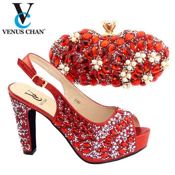 

Red color Nice Design Italian Slipper Shoes With Bag Set Latest Rhinestone African Women High Heels Shoes And Bags For Party