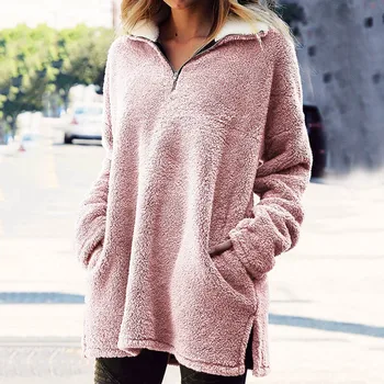 

Vogue Nice Autumn Winter New Lady Zippered Lapel Plush Long Sleeve Sweatshirts Women Fashion Solid Color Casual Long Tops