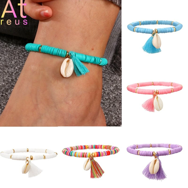 Tobillera de arcilla polimérica hecha a mano para mujer, pulsera tobillera de cerámica suave de 6mm con borla de concha, joyería de verano para Nuevos Bohemios