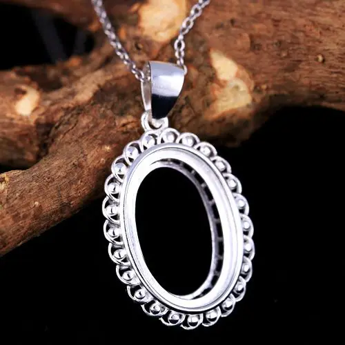 

925 Sterling Silver 15x22mm Oval Cabochon Semi Mount Pendant Amber Opal Turquoise Setting Fine Jewelry Art Deco White Gold Color