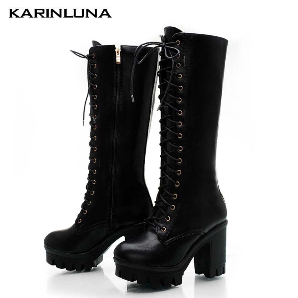 

Karinluna 2019 Leisure Big Size 43 Chunky High Heels Knee High Boots Woman Shoes Casual Shoelaces Shoes Women Motorcycles Boot