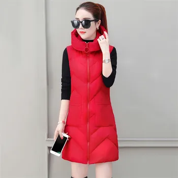 

2019 New Large size Women Vest Medium Long Slim Sleeveless Cotton Coat Autumn Winter Fashion Female Waistcoat Hooded Vest XIN096