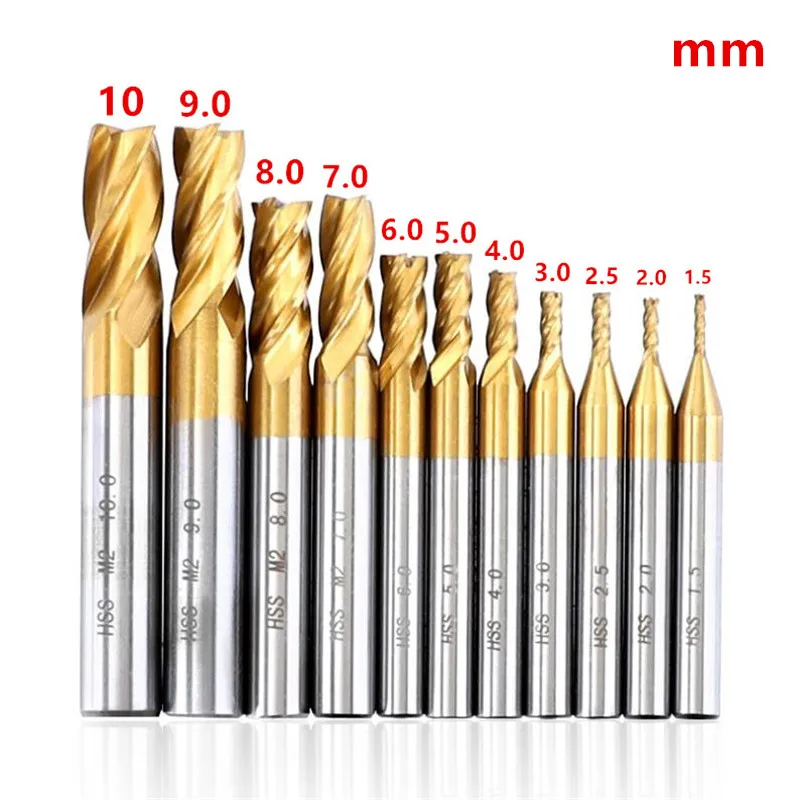 1.5-10mm HSS Titanium Coated 4 Flute Spiral Bit HRC63 End Mill Cutter CNC Drill Bit Milling Cutter Set For Wood, Steel Cutting