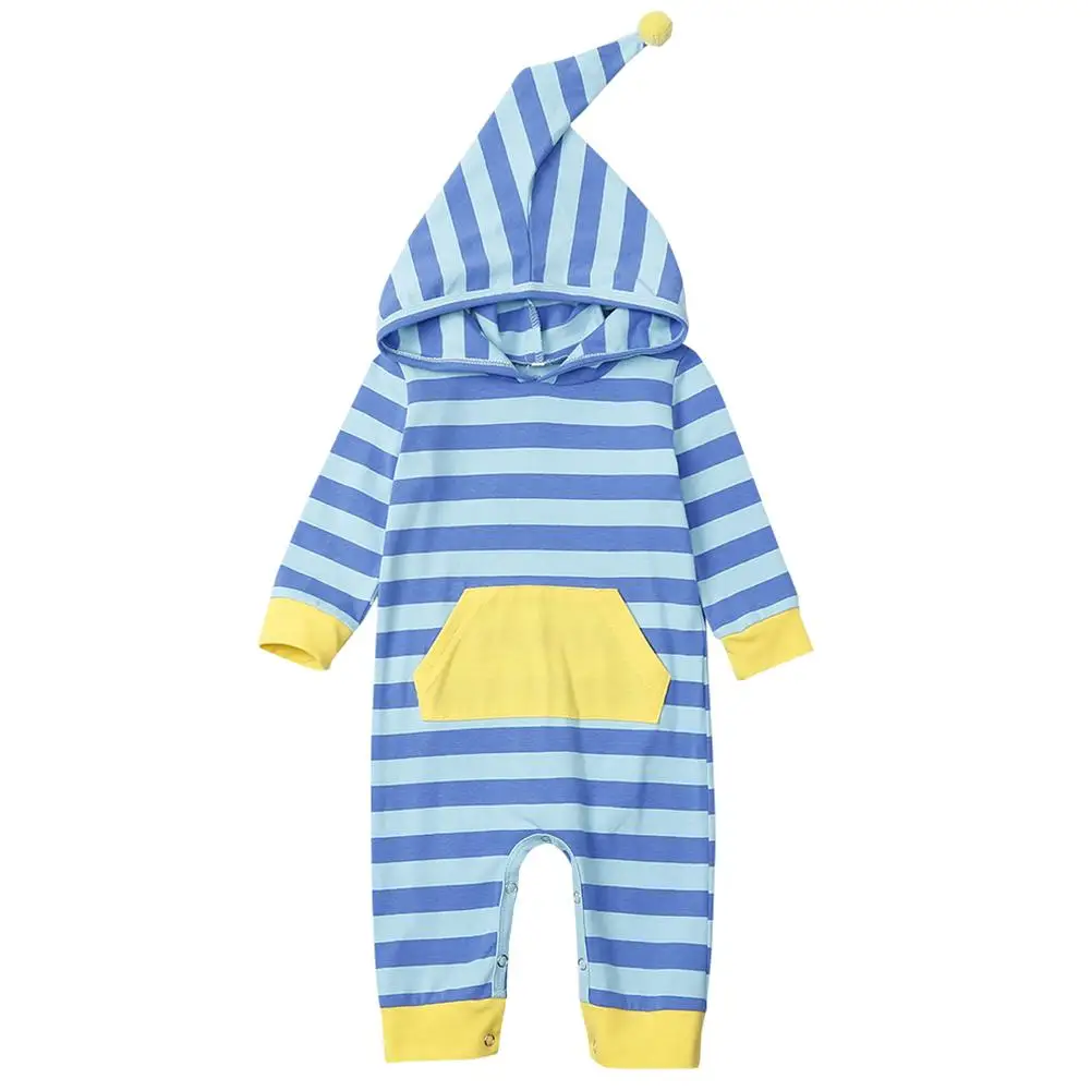 Monos de otouno de moda para Bebes, monos con estampado de rayas, mameluco con capucha, manga larga, mono baby set