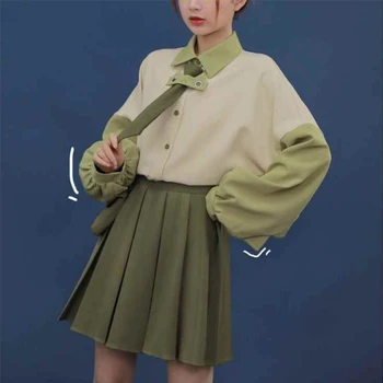 

NiceMix new spring Girls Tops shirt skirt Suits Solid Color Long Sleeve Blouse Pleated Short Skirts sets fashion women suits