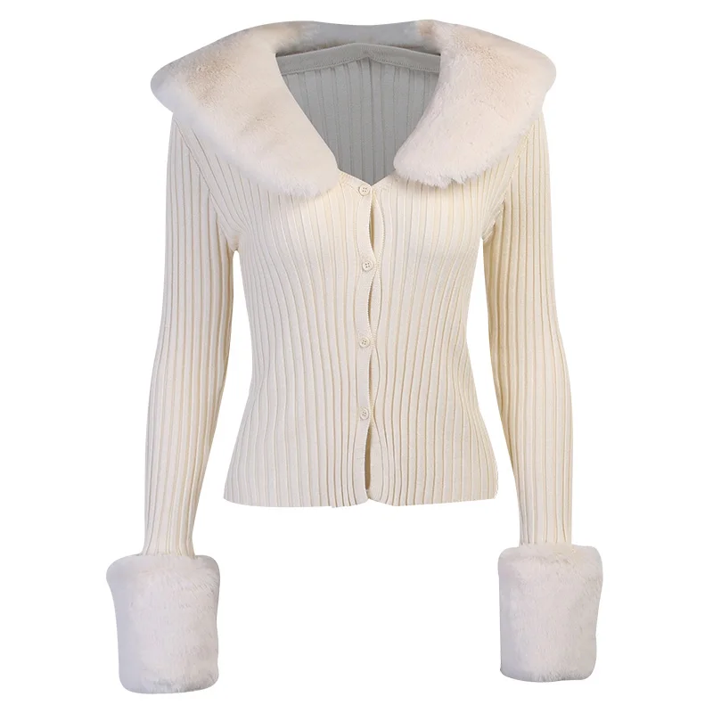 WannaThis Knitted Cardigans Sweater Women Fur Trim Collar Slim 2021 Autumn Winter Casual Cotton Jumpers Y2K Button Top Knitwear turtleneck