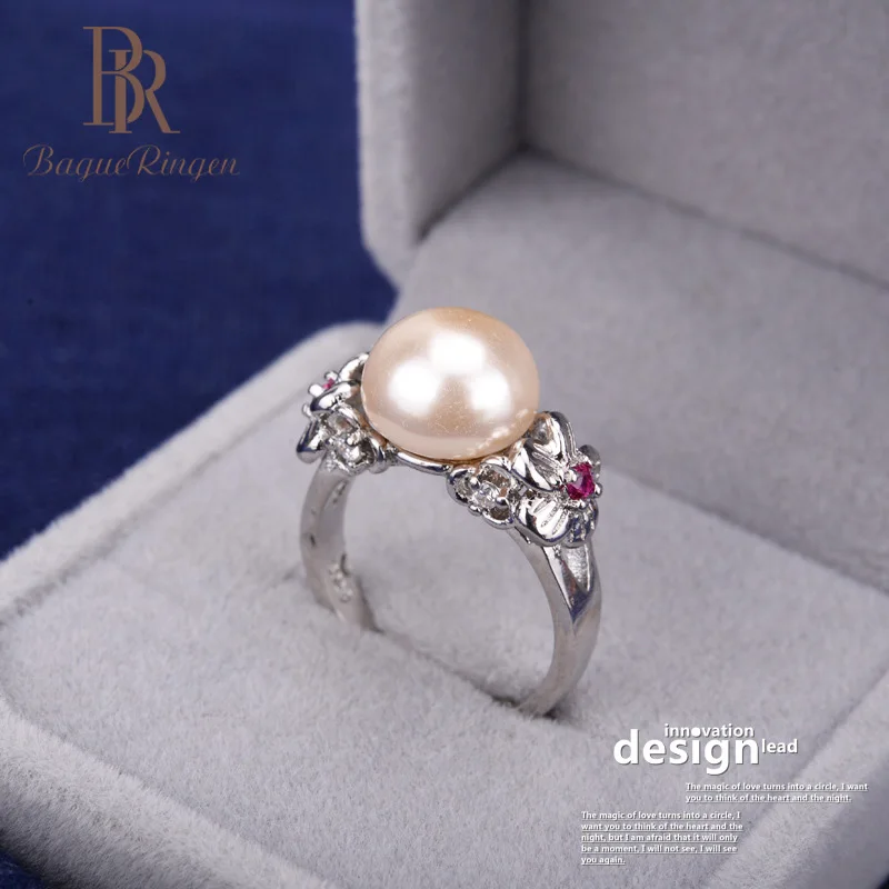 Женское кольцо с цветком и жемчугом Bague регулируемое из серебра 925 пробы свадебный подарок на день