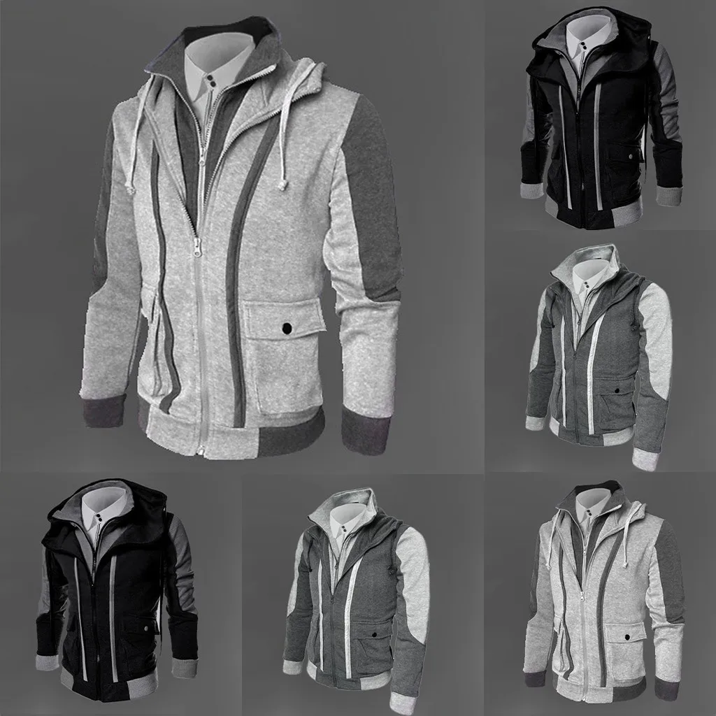 

Man Jacket 2019 Warm Men Coat Baseball Men's Casual Fashion Long Sleeved Zipper Fake Two-piece Sweatshirt Tops Blouse M-3XL