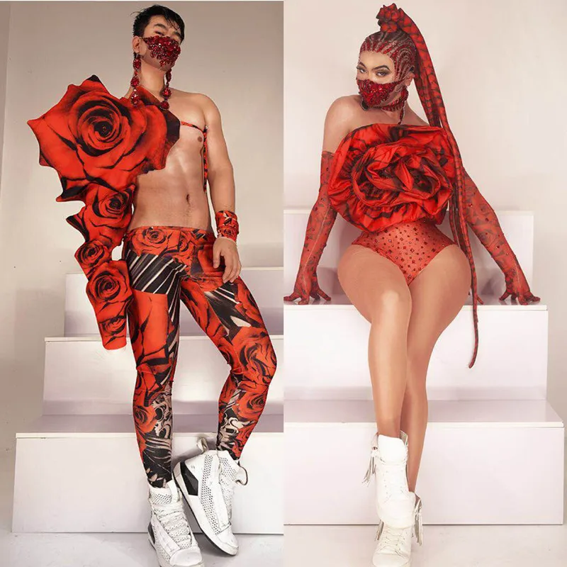 

Red Big Rose Bodysuit Rhinestones Gloves Outfit Festival Party Show Stage Wear Bar Nightclub Sexy DJ Singer Dance Costume