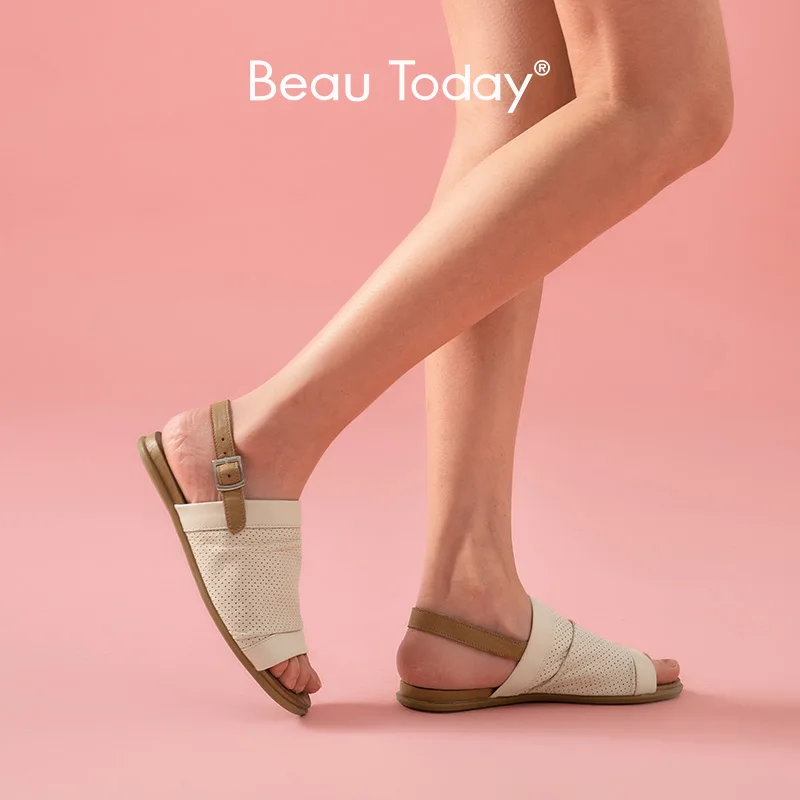 

Босоножки BeauToday женские из телячьей шкуры, САНДАЛИИ ГЛАДИАТОРЫ из натуральной кожи с ремешком и пряжкой, пляжная обувь на плоской подошве, ручная работа, 73006