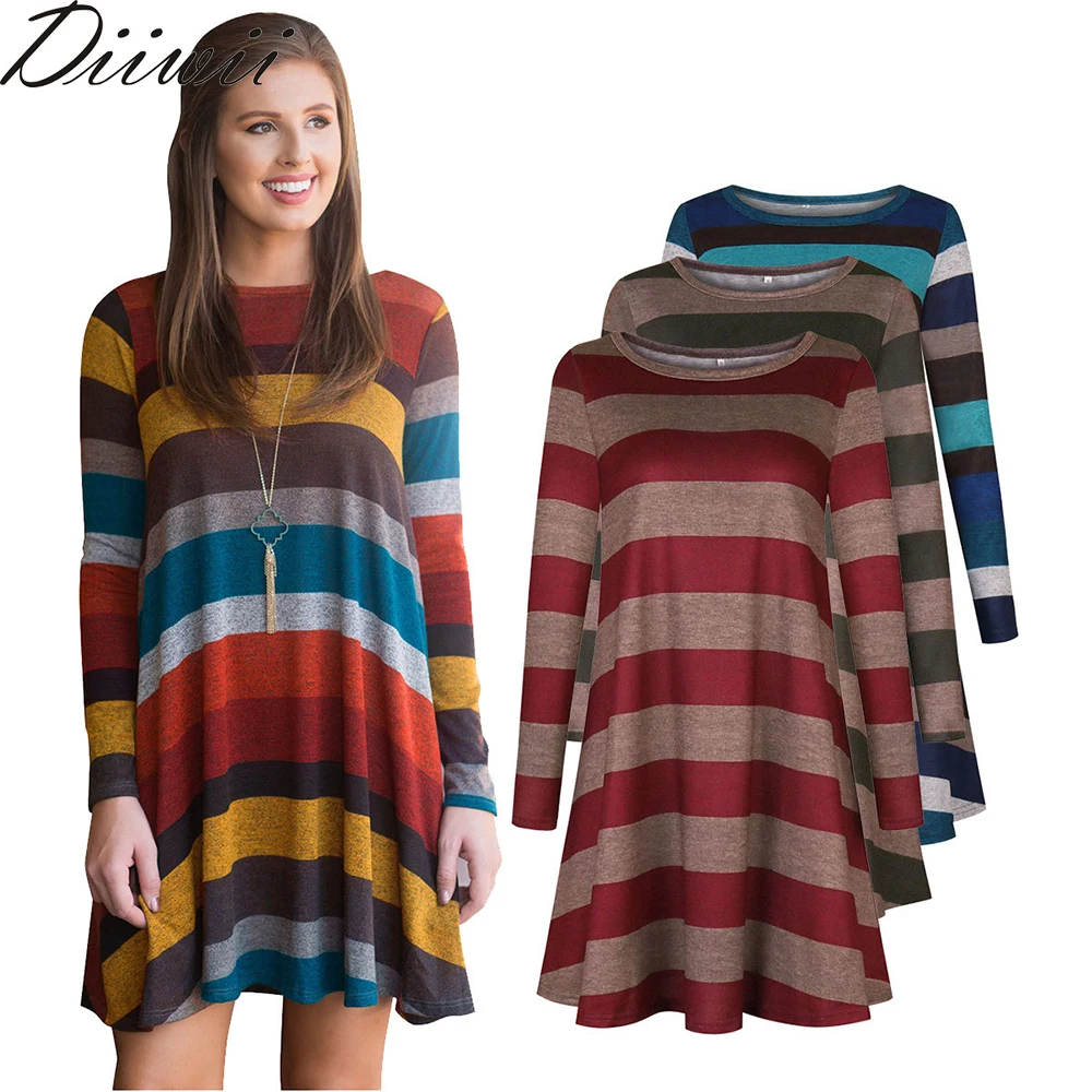 

DiiWii Hot Style Autumn Winter Womens Casual Plaid Wide Color Stripe Long Sleeve Loose Dress
