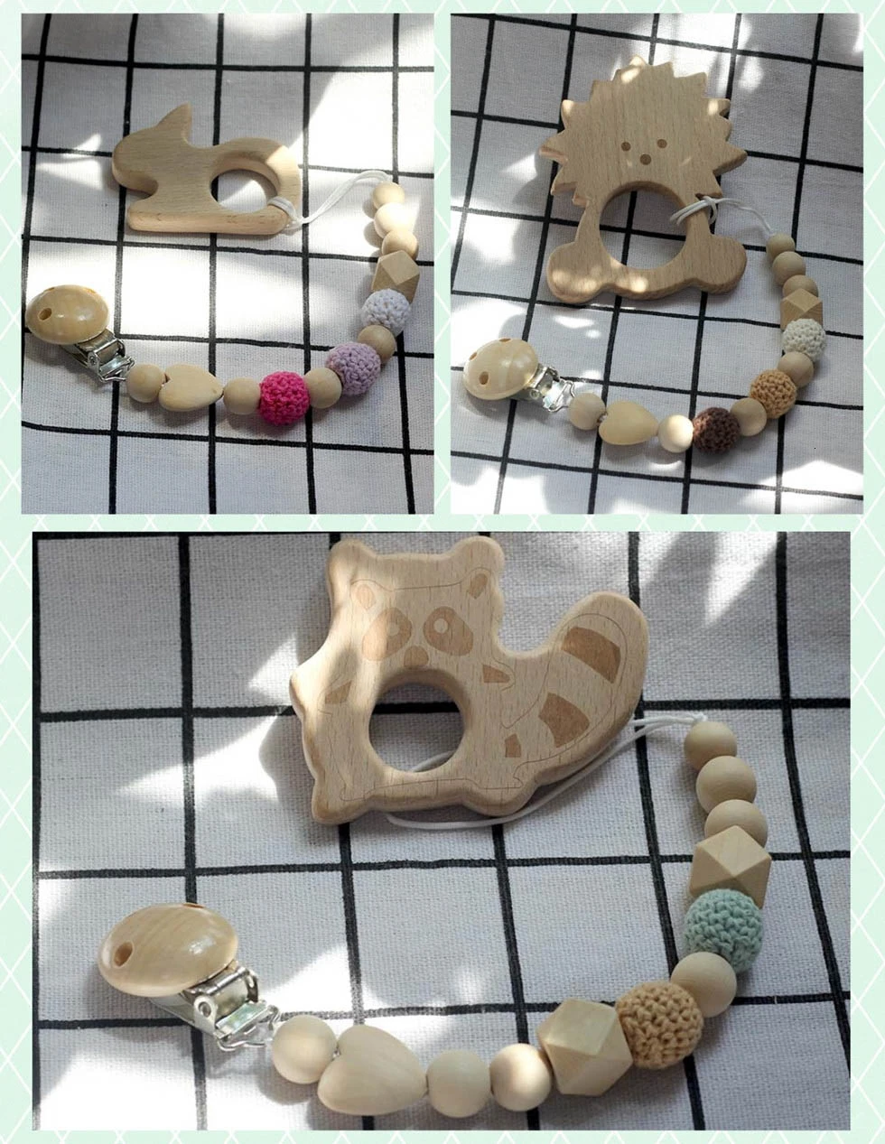 

Baby Wooden Teether Pacifier Clip Chain Monster Pendant Crochet Beads Cartoon Animals Soother Clip Baby Shower Gift Kids Toys