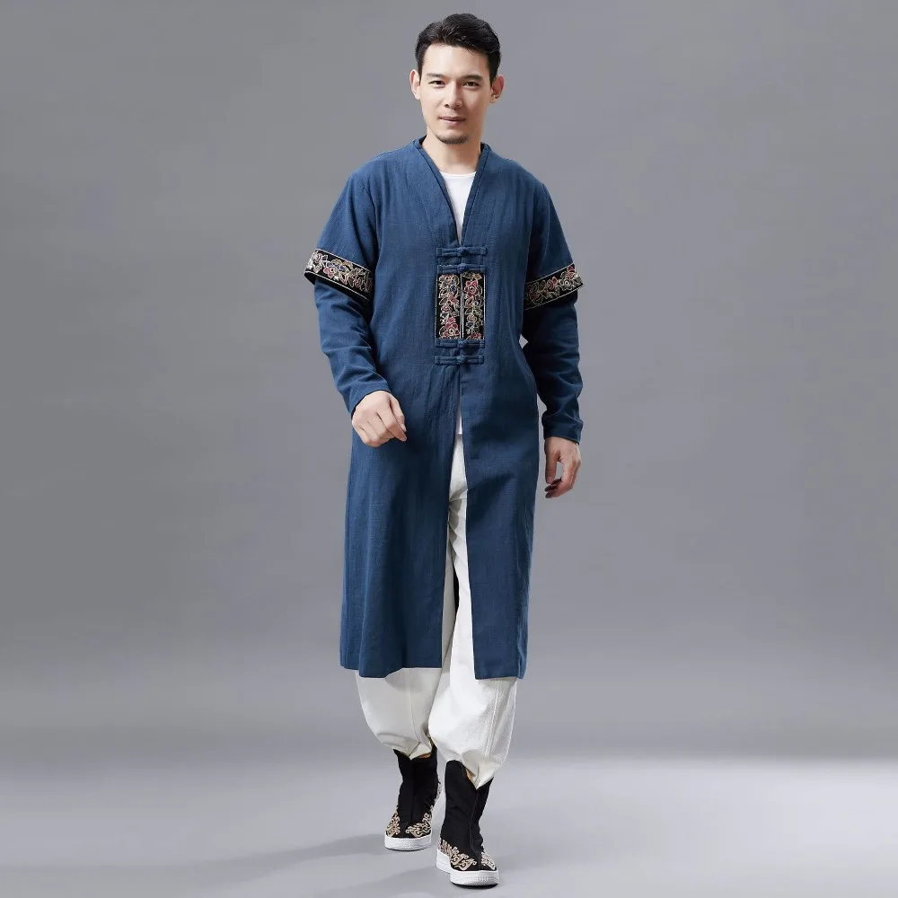 LZJN 2019 Men Autumn Trench Coat Cotton Linen Longline Long Sleeve Jacket Chinese Frog Buttons Outfit Overcoat with Pockets (10)