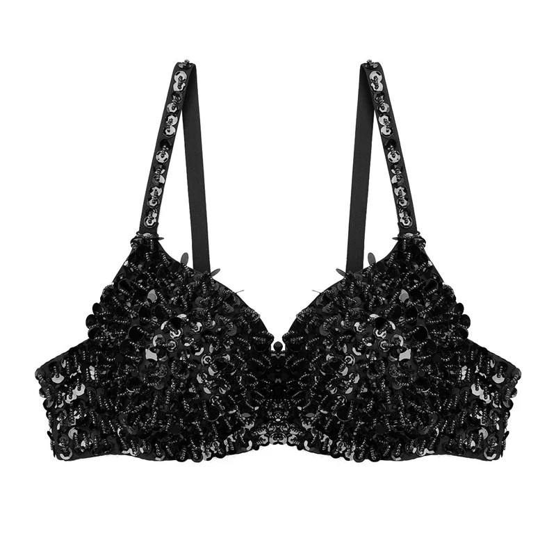 Women Fashion Sparkle Sequins Beading Padded Bra Top for Raves Dances Club Wear Belly Dancing Costume Party Top Bra - Цвет: Black