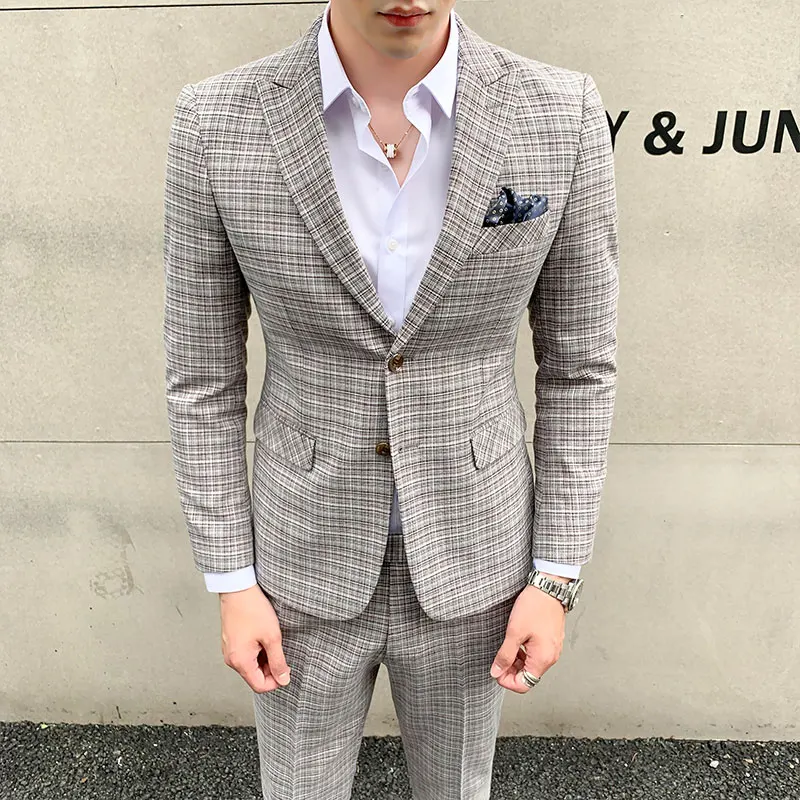 

2019 New Arrival Men Suit with Pant Side Seam Small Plaid Wedding Suits Set Quality British Dress Slim Fit Suit Jackets Big Size