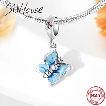 

Hollow Heart 925 Sterling Sliver Blue Enamel My butterfly Charm Beads Fit Original Pandora Charm Bracelet Jewelry