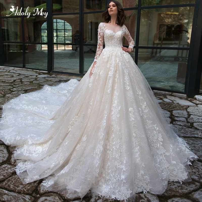 

Adoly Mey Gorgeous Appliques Chapel Train Lace A-Line Wedding Dress 2020 Luxury Scoop Neck Beaded Long Sleeve Vintage Bride Gown