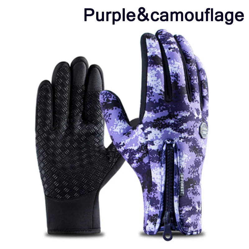 purple-camouflage Зимние теплые лыжные мужские перчатки женские велосипедные перчатки с сенсорным экраном водонепроницаемые брызгозащитные ветрозащитные модные черные женские нескользящие перчатки - Цвет: purple-camouflage