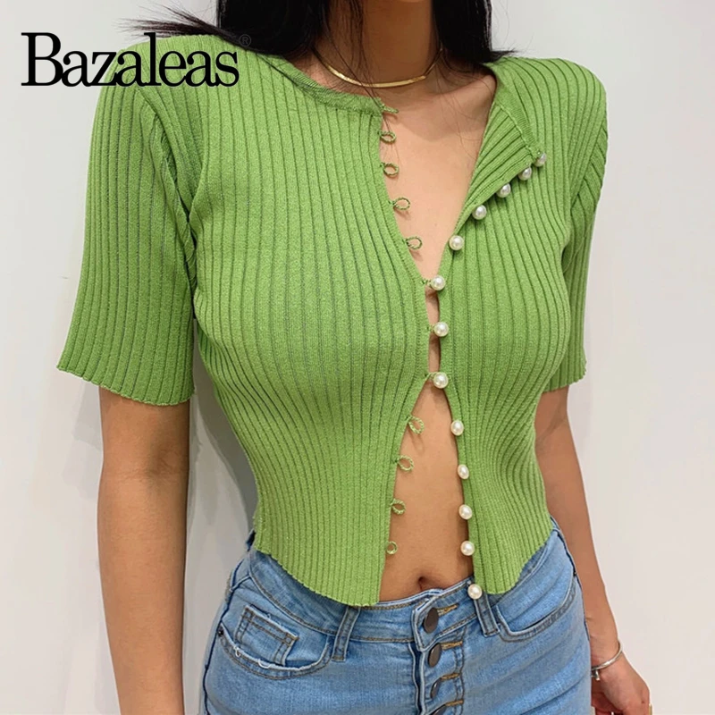 Bazaleas уличная трикотажная зеленая кропированная Женская Футболка harajuku модный