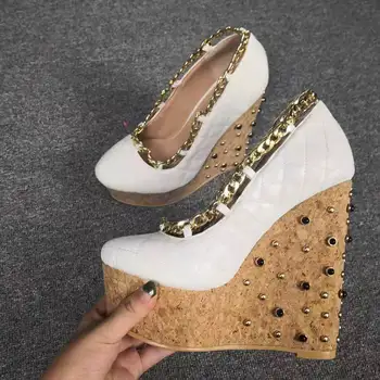 

RIBETRINI Luxury Women Round Toe Platform Slip On Wedges Shoes Women Chain Rivet Shallow Pumps Party Dress Pumps