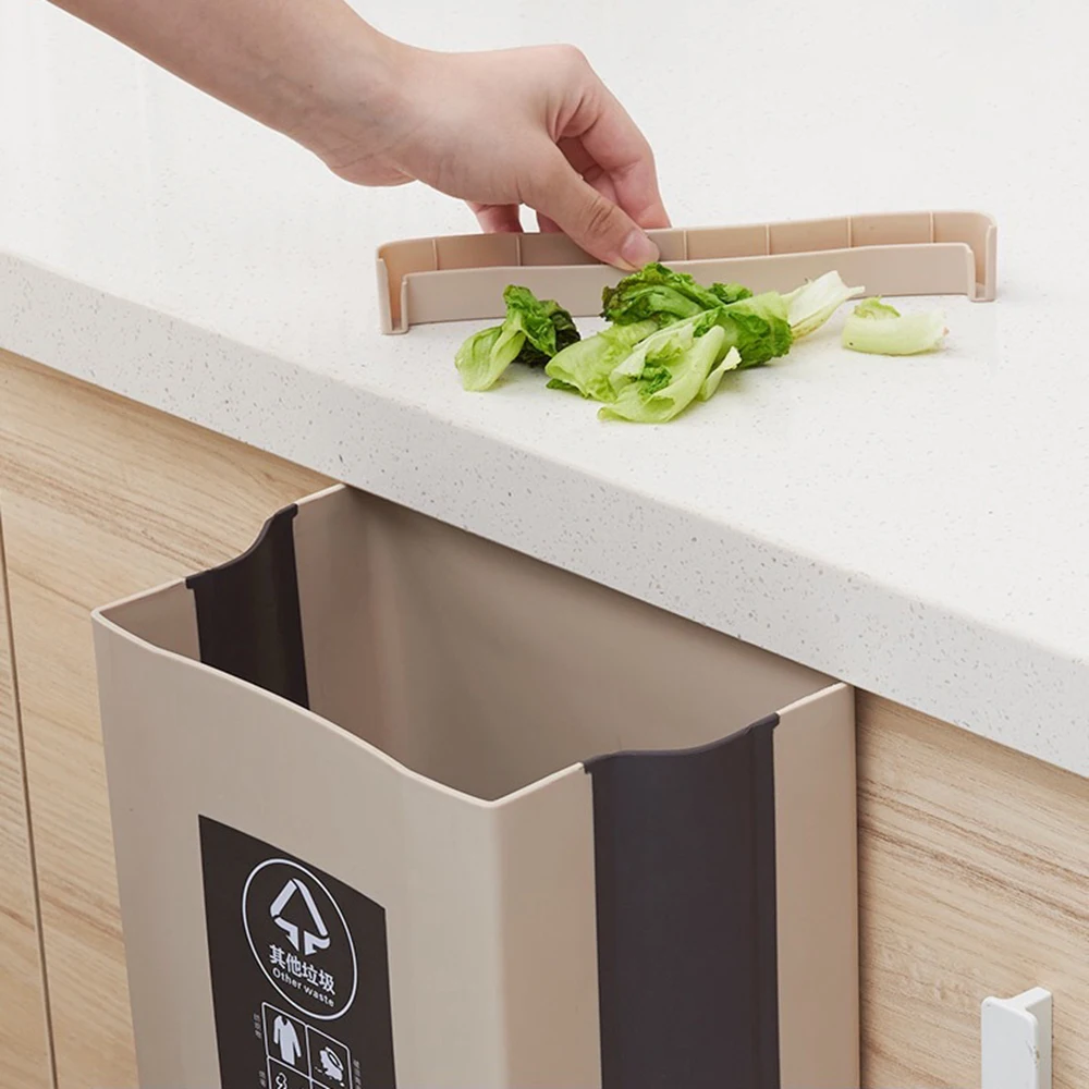 Kitchen Cabinet Door Hanging Trash Garbage Bin Can Folding Waste Bins Kitchen Hanging Collapsible Dry Wet Separation Trash Can 5