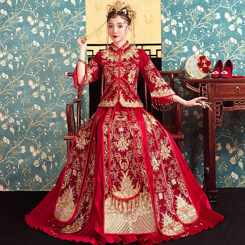 

Women Wedding Dress Ancient Phoenix Embroidery Chinese Bride Marriage Cheongsam Suit Classic Long Qipao S-2XL