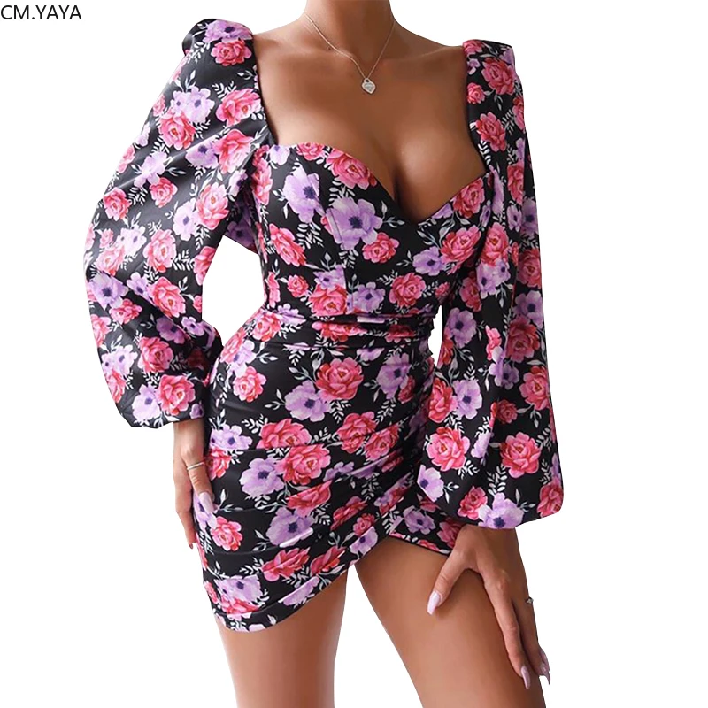 2020 Spring Summer Mini Dress Women Square Collar Full Puff Sleeve Floral Print Sexy Fashion Night Club Party Sheath GL148 | Женская