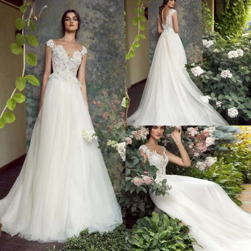 

2020 Wedding Dresses V-Neck Sleeveless Lace Appliqued Bridal Gowns Custom Made Sweep Train A-Line Wedding Dress