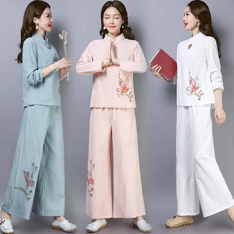 

2019 Spring New Style Ethnic-Style WOMEN'S Dress Retro Chinese Style Cotton Linen Tea Service Hand-Painted Meditation Clothing C