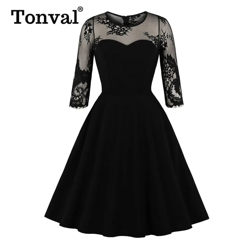 Tonval, Сетчатое, кружевное, милое, элегантное, вечерние, осеннее платье, для женщин, с карманами, сбоку, черное, ТРАПЕЦИЕВИДНОЕ, для девушек, винтажное, свободное, платья