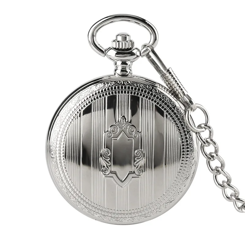 Silver Shield Full Hunter Case Men Women Skeleton Automatic Mechanical Pocket Watch Arabic Number Retro Clock Pendant Chain Gift