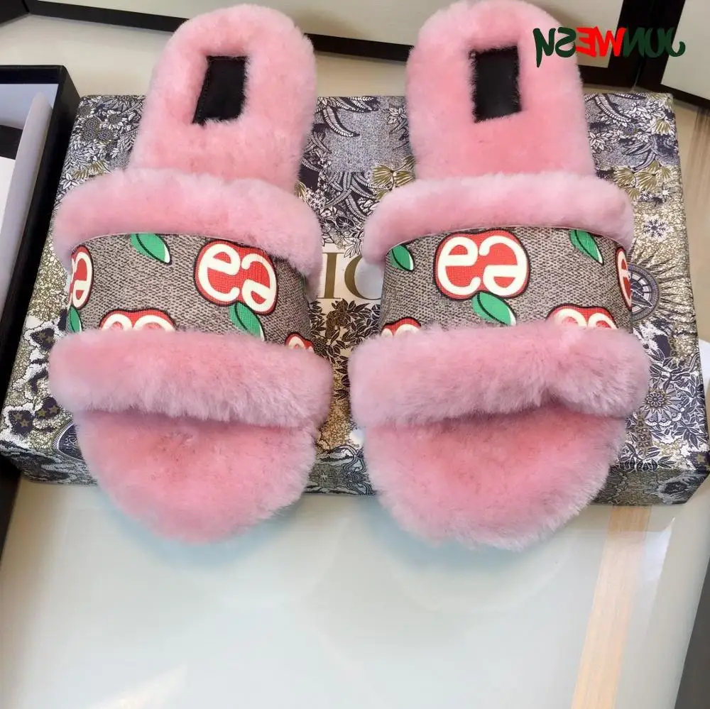 

2020 winter new high quality luxury brand GG home designer ladies casual indoor leather bottom wool slippers