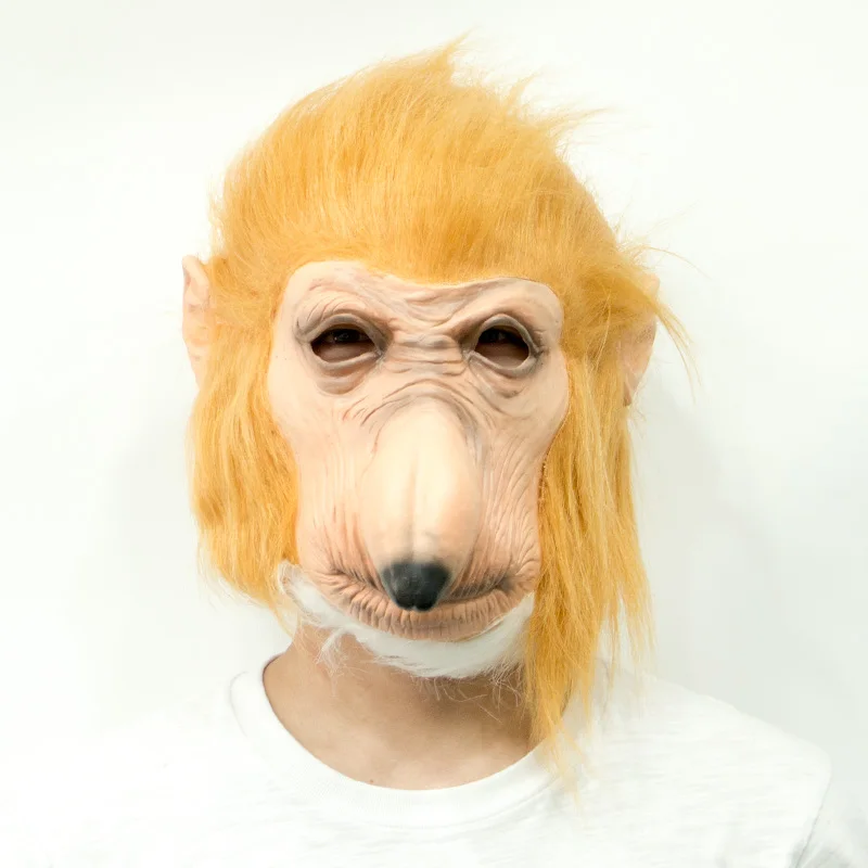 Забавная маска на голову полностью, из латекса Proboscis обезьяна на Хэллоуин маска животного на вечеринку веселый желтый струящийся волос костюм с обезьяной - Цвет: latex mask