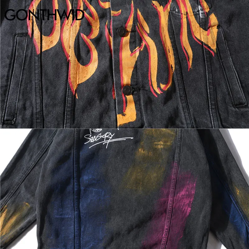 GONTHWID/джинсовые куртки с принтом радуги и граффити, огонь, пламя, уличная одежда, хип-хоп, повседневный джинсовый Бомбер, куртка, пальто, модные топы