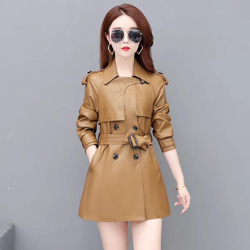 

Super Soft Leather Windbreak Coats Suit Collar Belt Graceful Chic Patent Leather Jackets Women Autumn Leather Clothes for Women