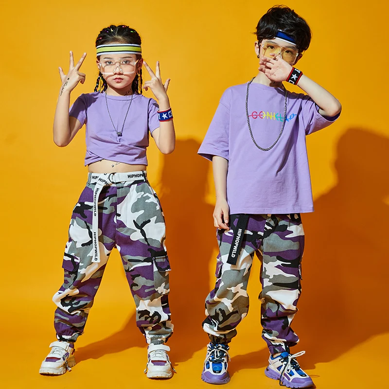 Orange/Grey/Purple Camouflage Hip Hop Pants For Kids Jazz Dance Costume Short Sleeve Tops Girls Boys Stage Show Clothing BL5953