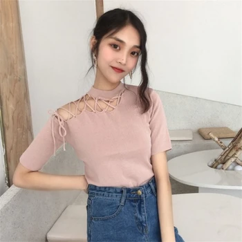

Women Half Sleeve Turtleneck Hollow Out Lace Up Knitted Sweater Korean Slim Knitwear Casual Harajuku Pullover Jumpers Chic Tunic