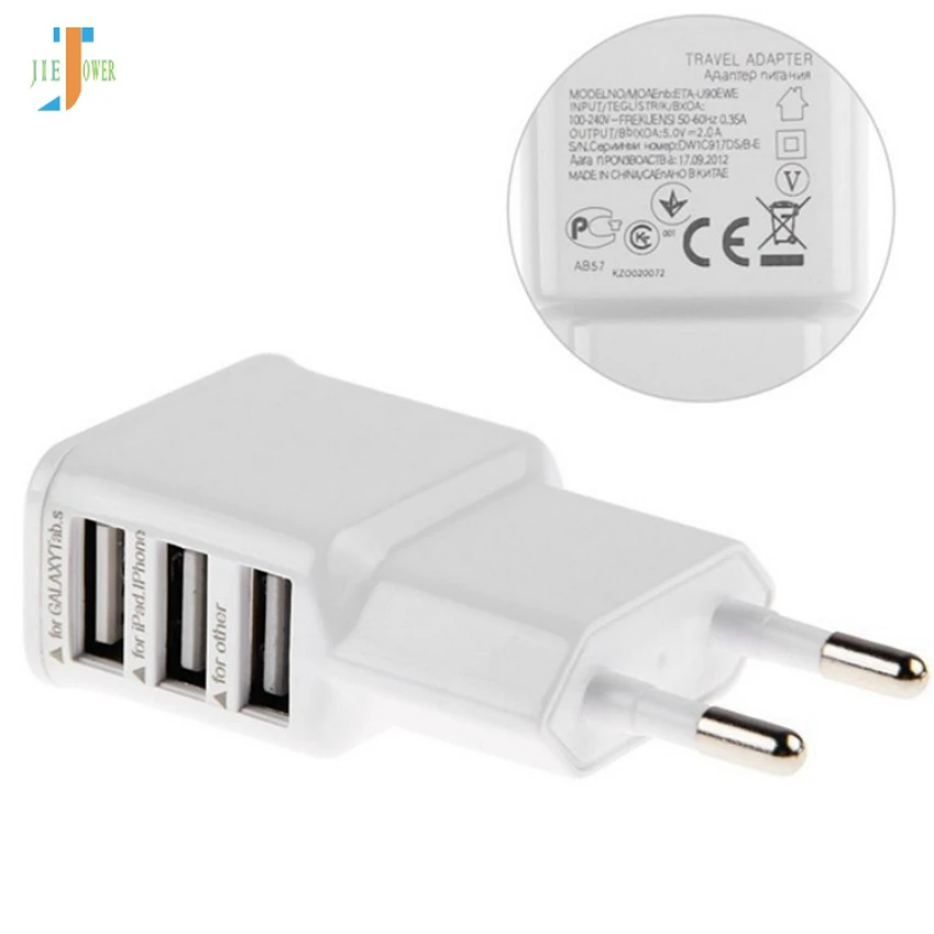 100 шт./лот адаптер 2A 5 в USB 3 порта ЕС штекер кабель для настенного зарядника для IPhone 8 htc samsung Galaxy S5 S4 Note3 Note4 мобильный телефон